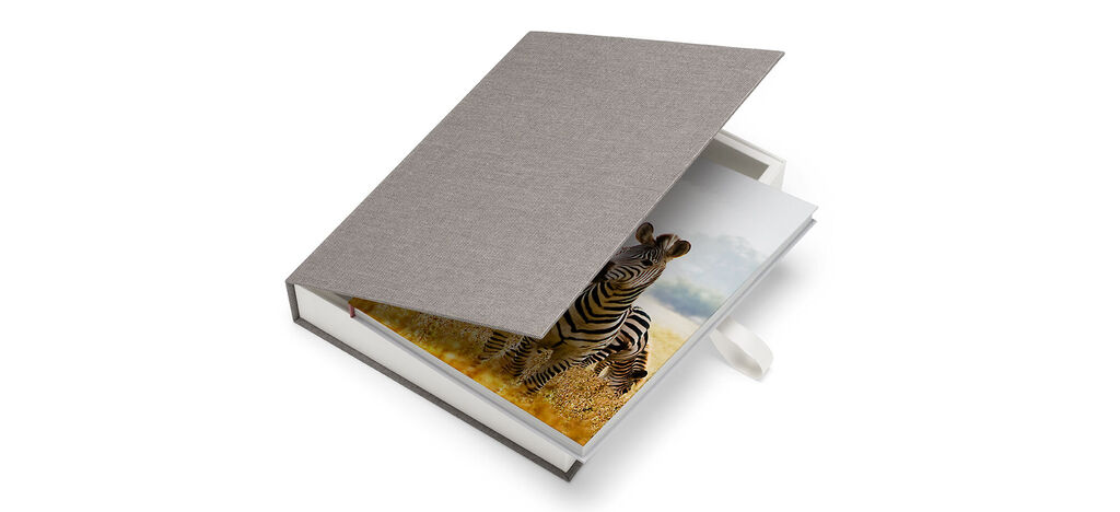 An open CEWE PHOTOBOOK with a photo of a zebra on a meadow.
