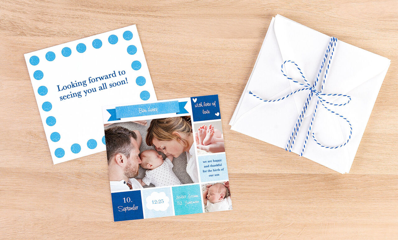 A lovingly designed invitation card with polka dots, along with a picture of a baby with parents.