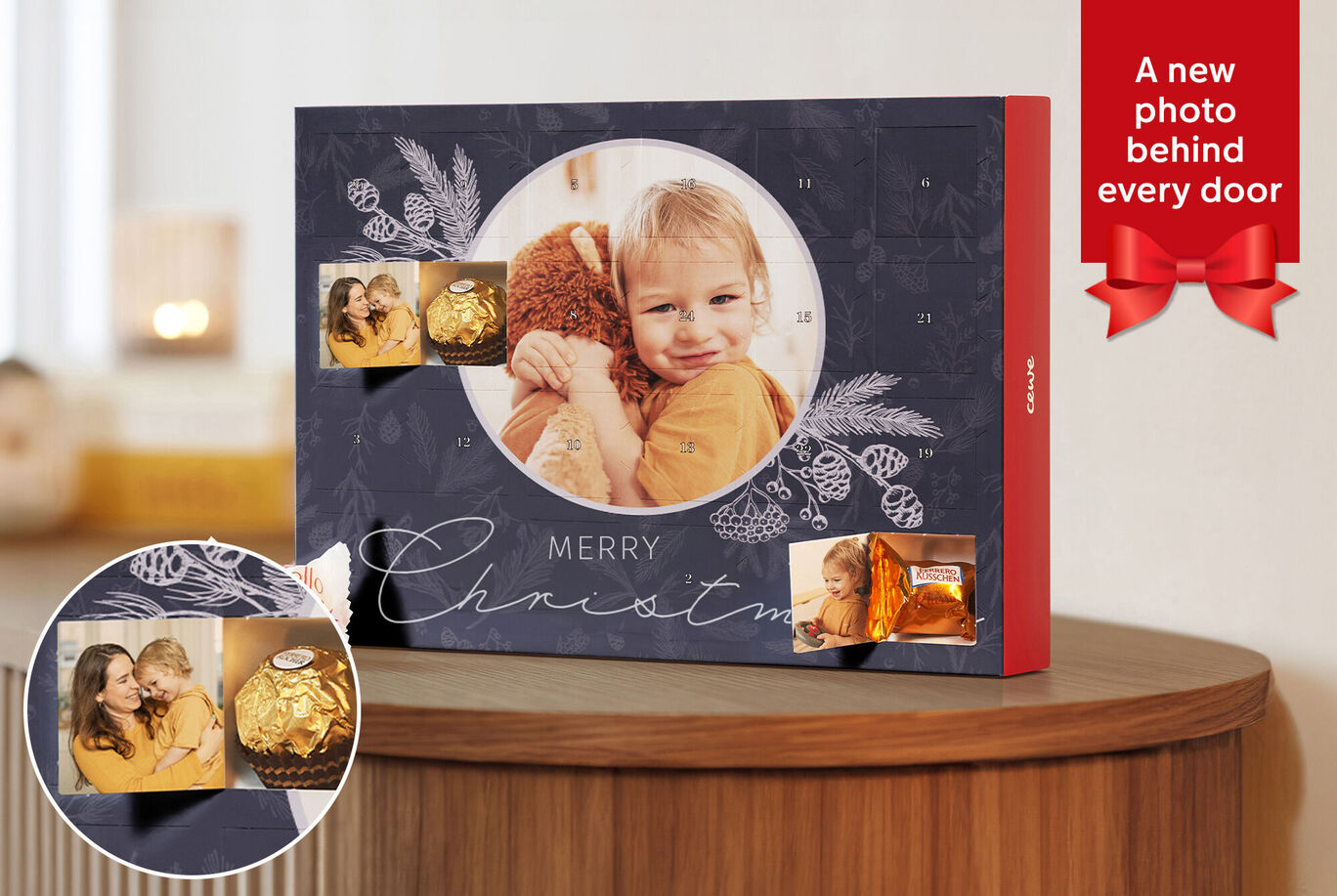A festive advent calendar with pictures and chocolate.