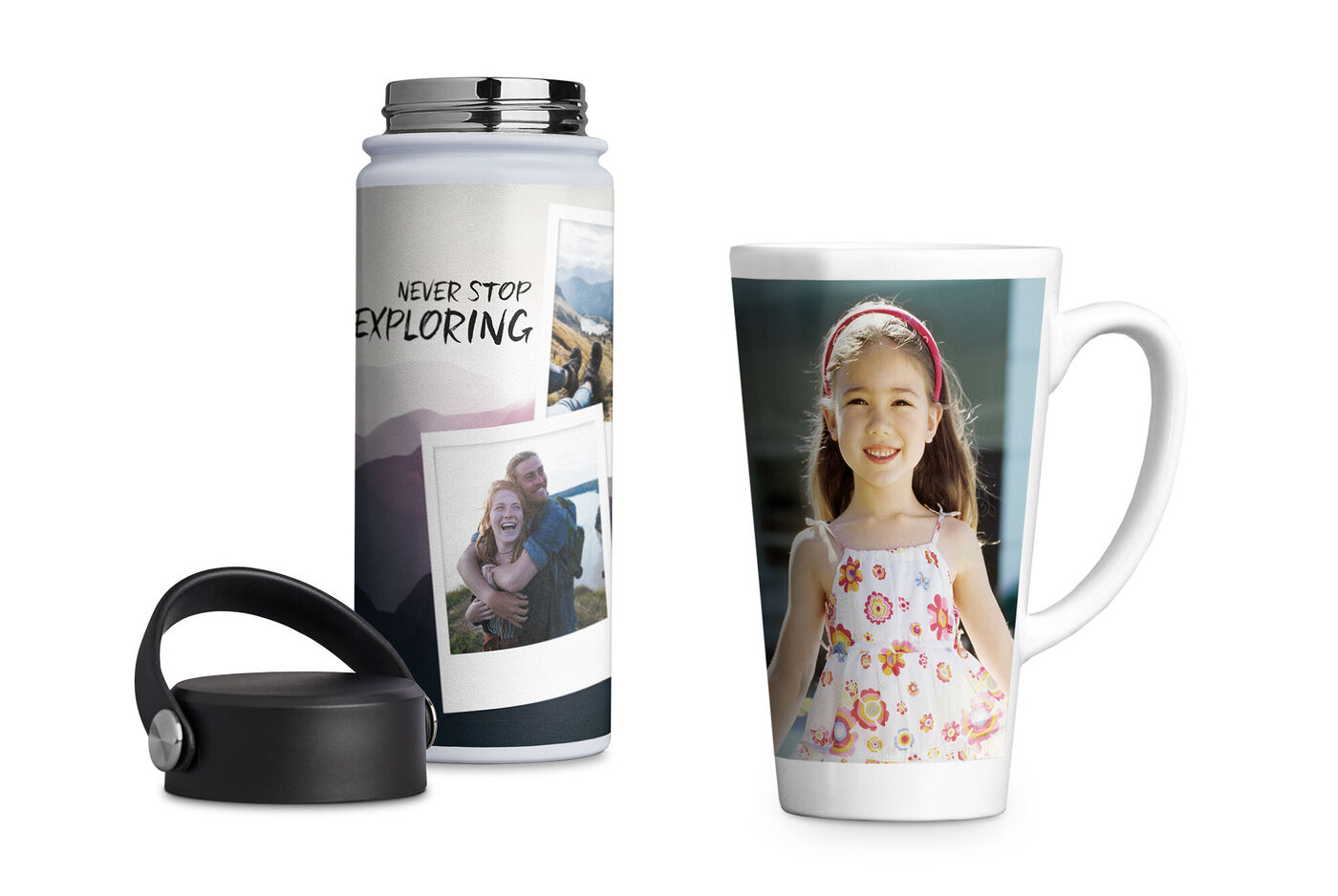 A creative water bottle and a mug with colorful design, perfect for personal gifts.