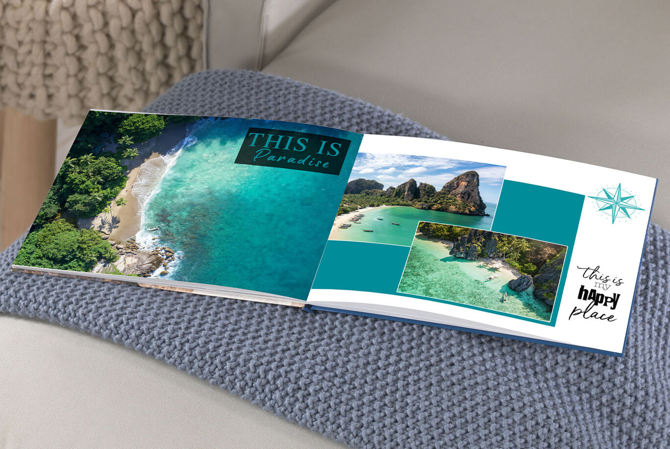 An open photo book with two pages. One shows a beach with clear water and palm trees.