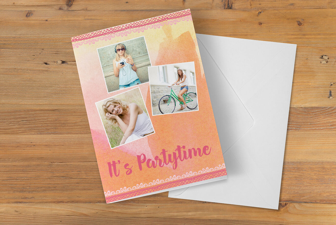 Colorful greeting card with photo collage and the text 'It's Partytime' on the table.