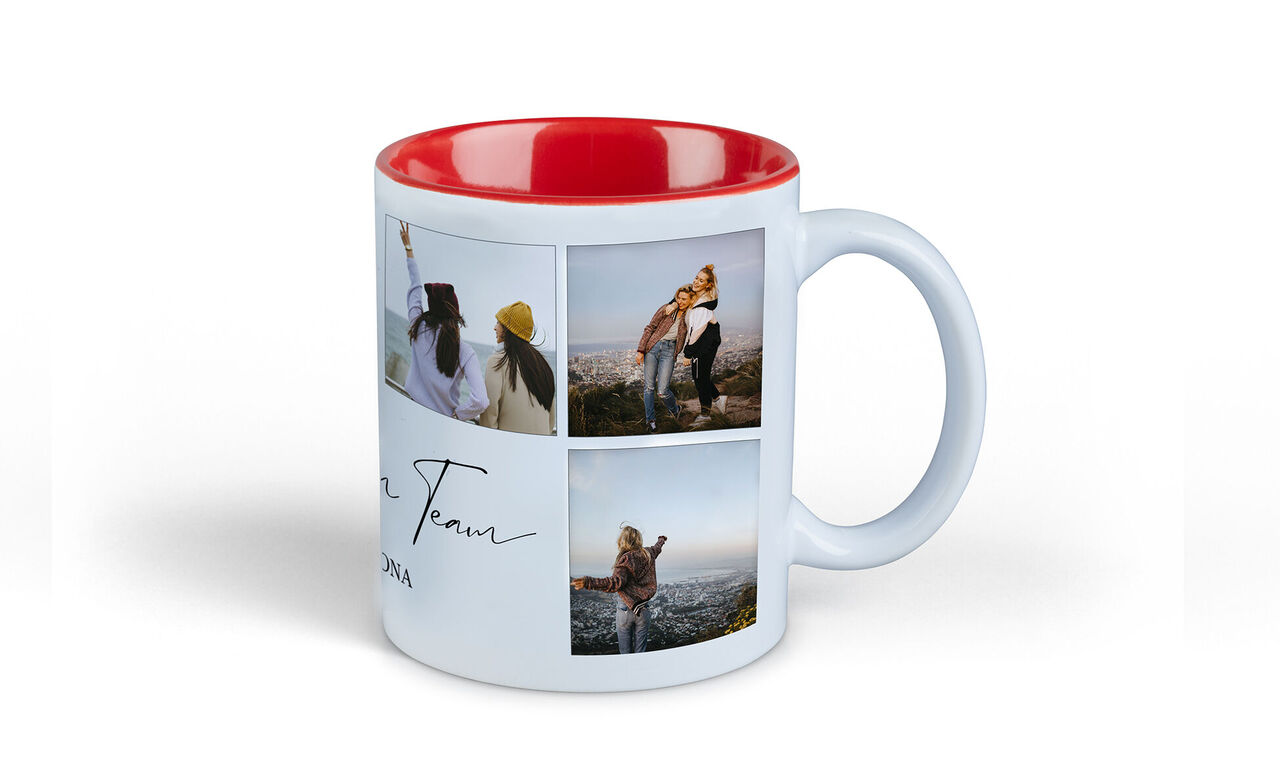 Cup with pictures of friends and a city view
