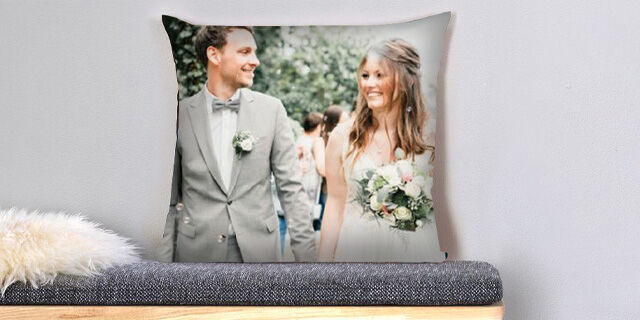 Cushion with romantic wedding photo.
