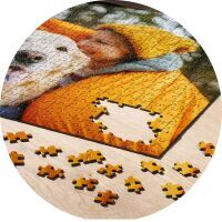 An almost completed puzzle featuring a picture of a dog and a person in a yellow sweater. One puzzle piece is missing in the top right.