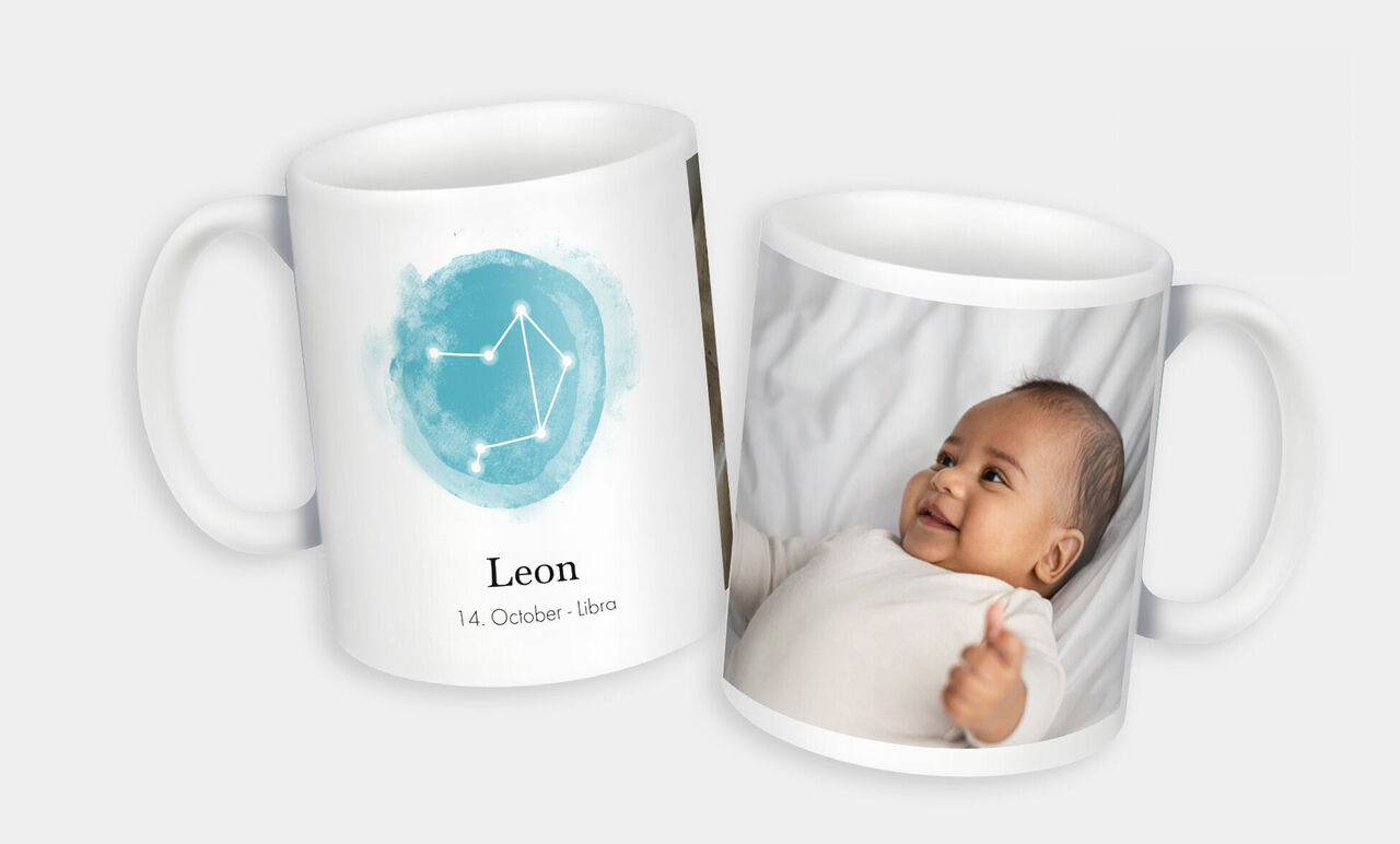 User-friendly mug with the name and birth date on one side, baby picture on the other side