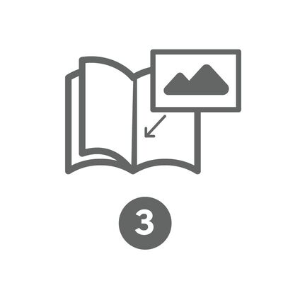 Open photo book with images in the center and a graphic showing a photo selection.