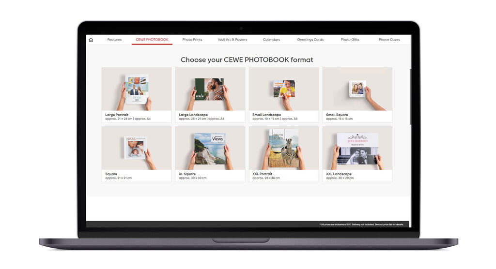 Overview of formats for CEWE PHOTO BOOK on a laptop.