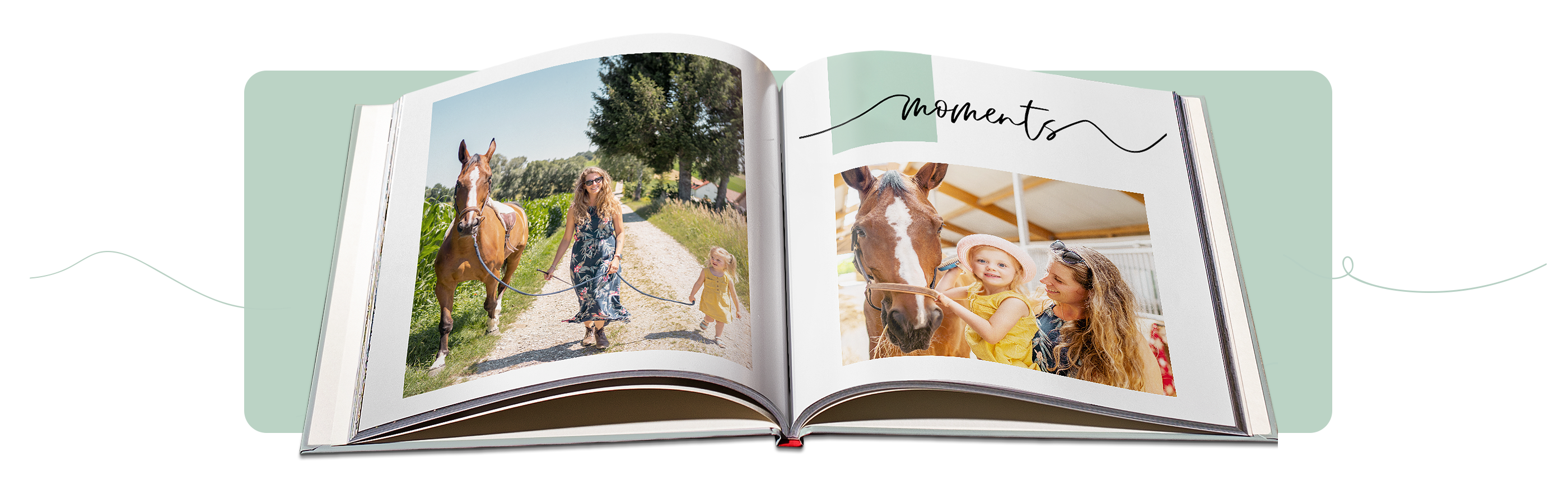 A cheerful person with a dog stands on a path next to an open photo book, showcasing moments