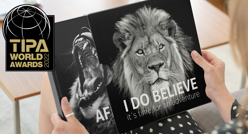 A person sits on a sofa holding a CEWE photo book with a majestic lion on the cover. Text: "I DO BELIEVE it's time for adventure".