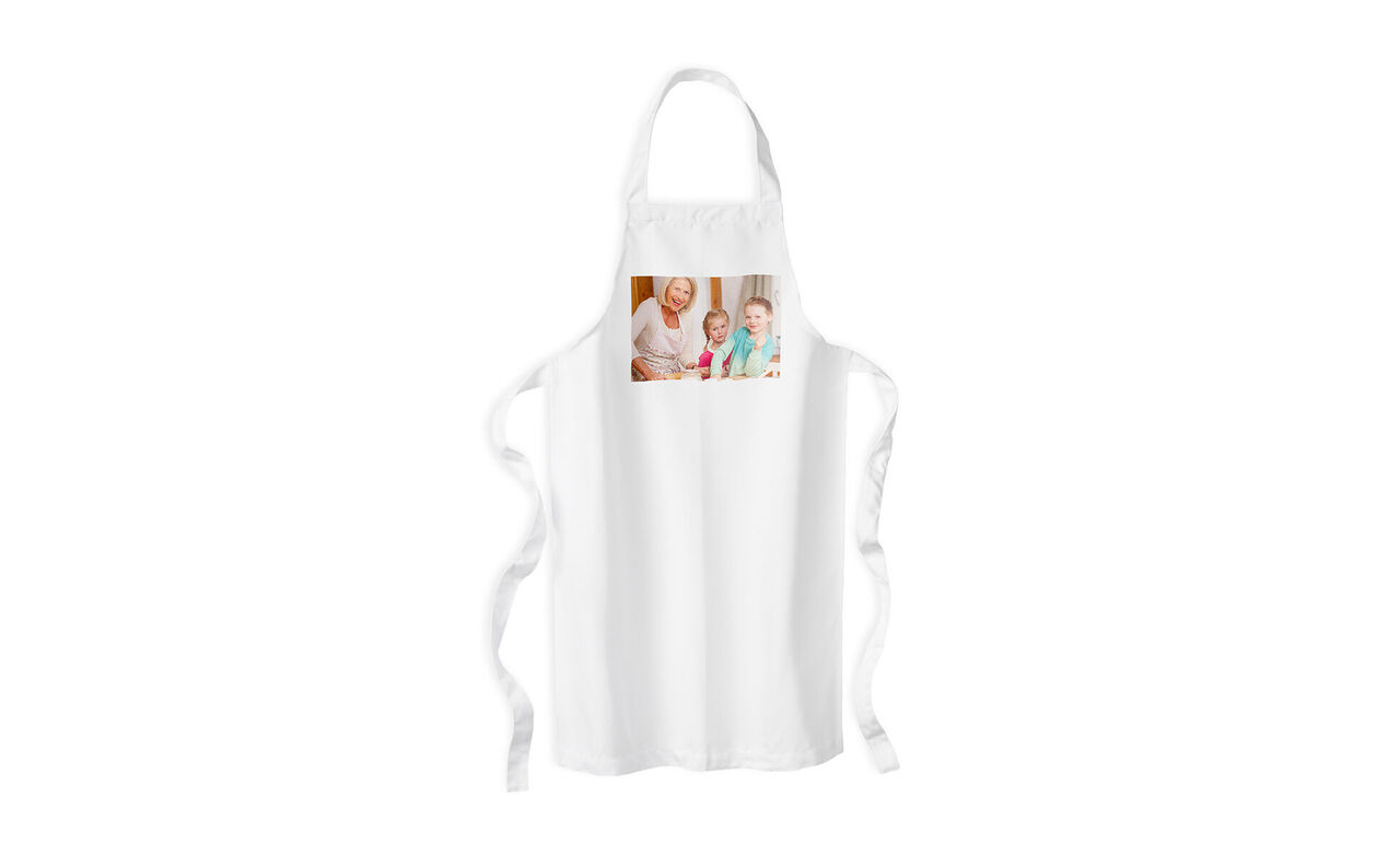 Fluffy white apron with a photo of a happy grandmother and two grandchildren baking.