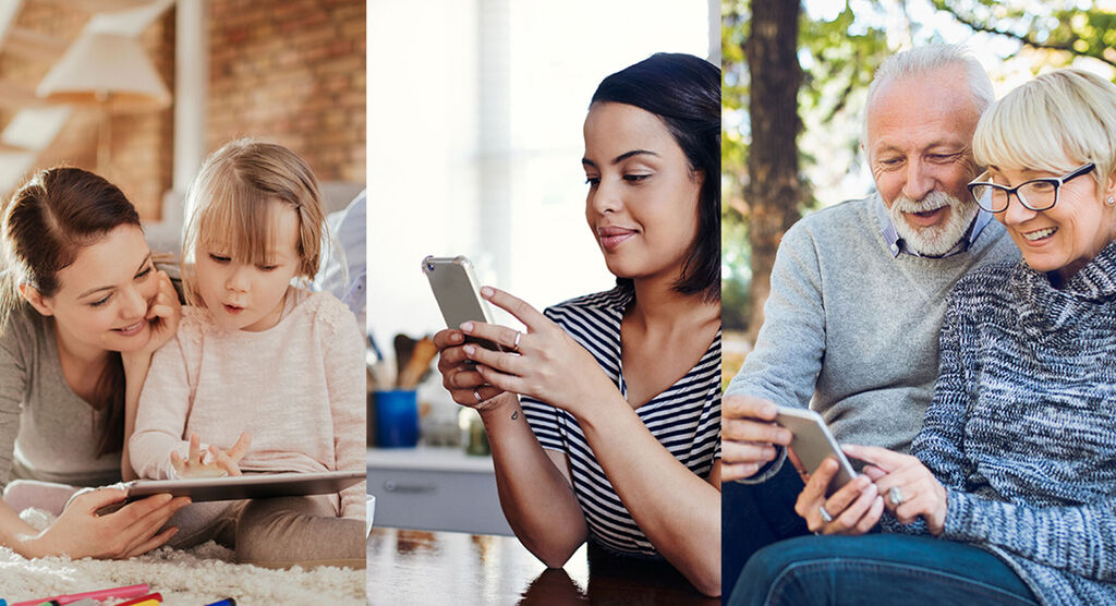 Family members enjoy time together while looking at their phones.
