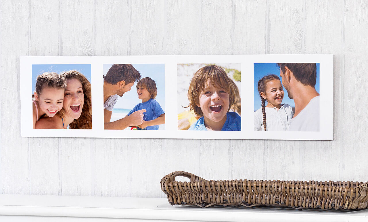 Four photos in a white frame showing happy family moments. Sunlight creates a cheerful atmosphere.