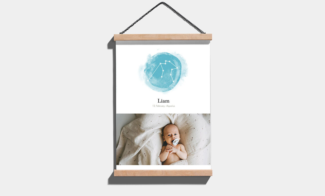 Wonderful wall art featuring soft blue-turquoise colors showing stars. Below is the name Liam in clear font. The lower half shows a baby’s foot in a blanket.