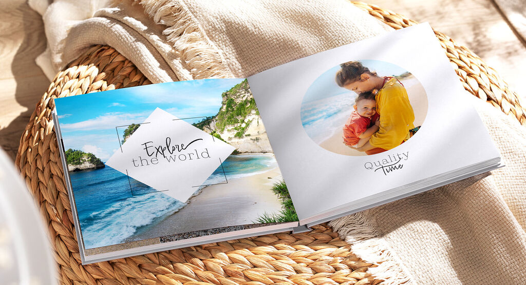The open CEWE photo book shows a beautiful coastal landscape on the left and a loving photo of a mother with her child on the right.