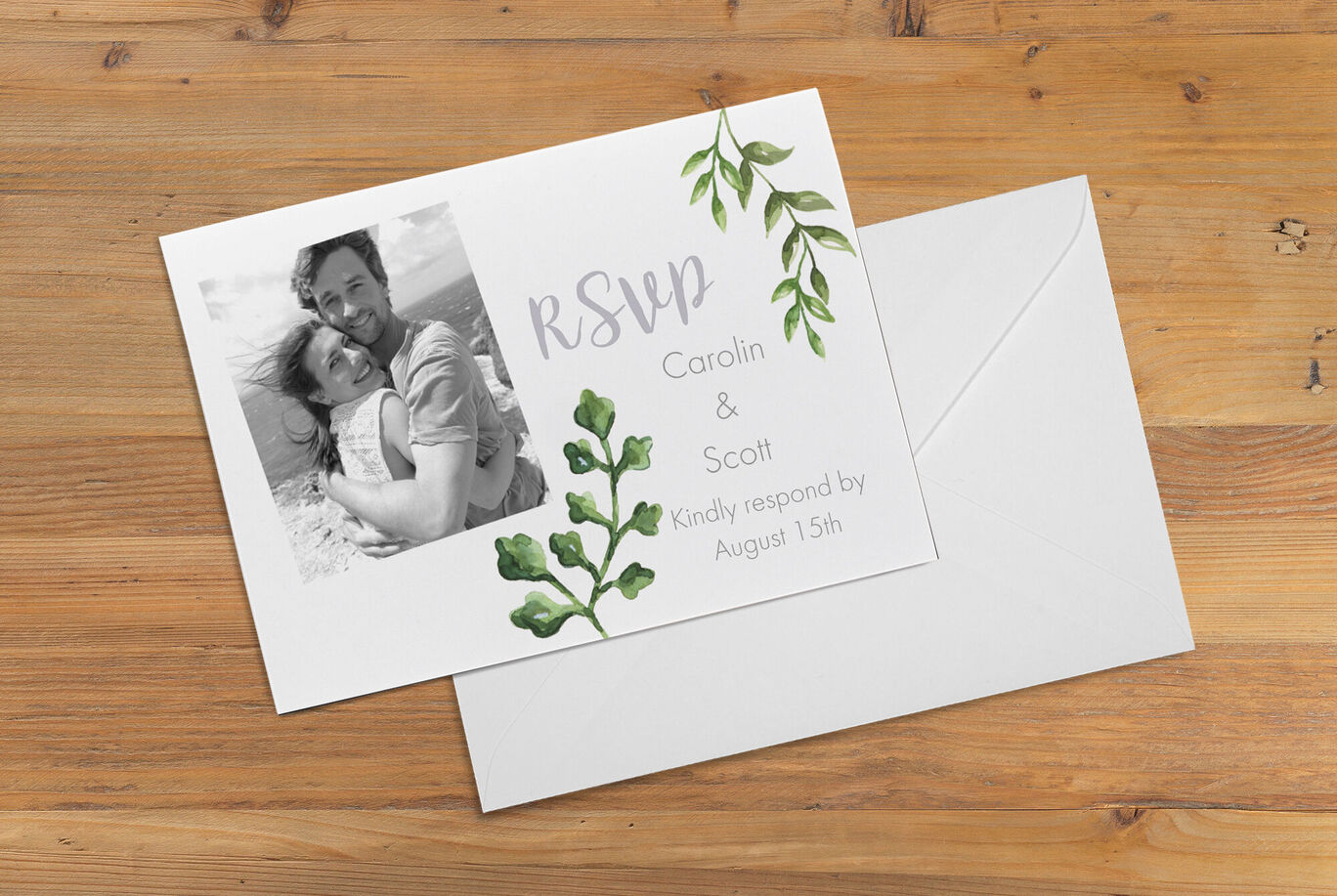 A lovingly designed invitation card featuring floral elements, elegant in soft colors, with text "RSVP Carolin & Scott, kindly respond by August 15th".