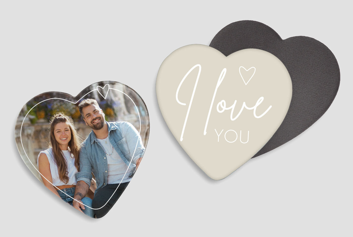 Two heart-shaped photo cards, one with 'I love you.'