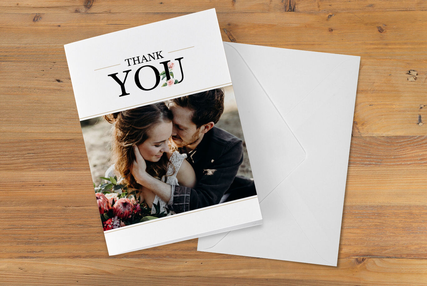 A thank you card featuring a loving couple with flowers.