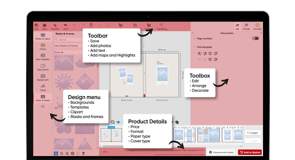 Screenshot of the design interface for CEWE PHOTO BOOK with tools and menus.