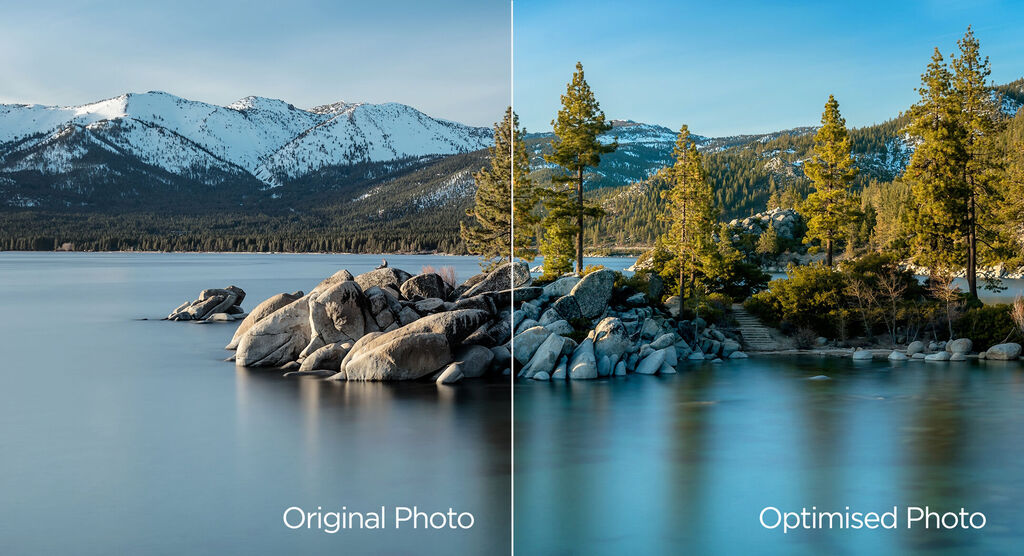 Two photos of a lake: left the original, right the optimized photo with clear colors and details.