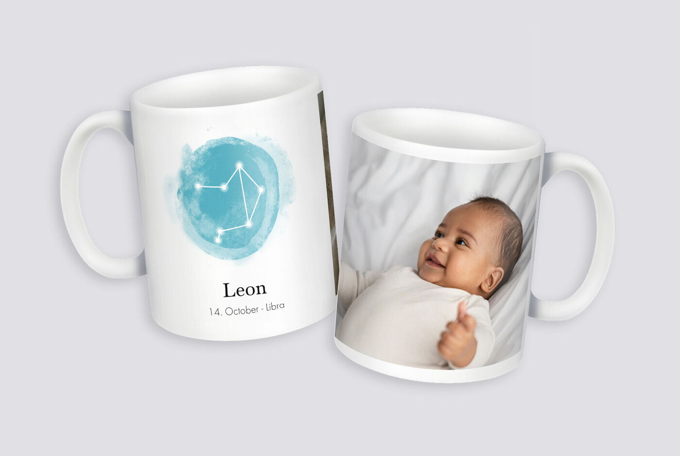 White mug with creative design featuring zodiac signs and the inscription 'Leon', with a baby photo.