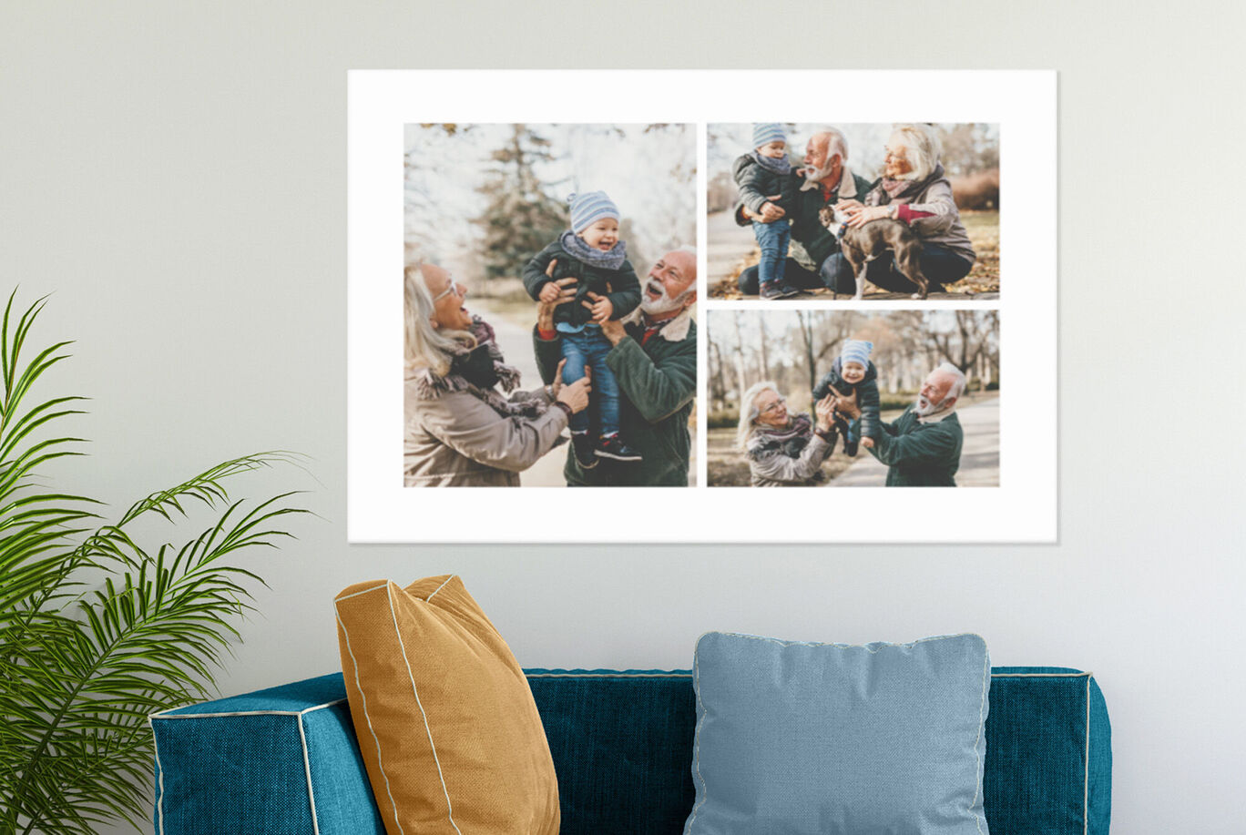 Cheerful family playing outdoors, baby in a blue hat being held.