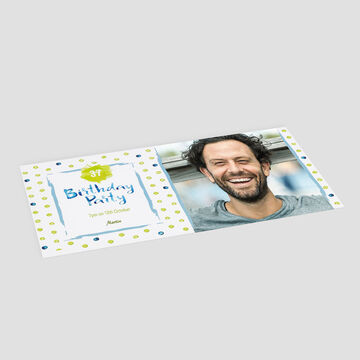 A cheerful birthday party invitation with colorful dots and a joyful design