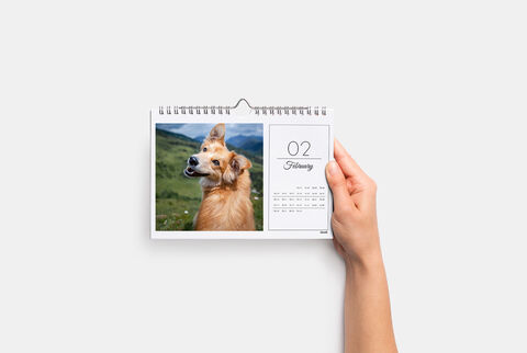 A hand holds a photo calendar with a happy dog image for February.
