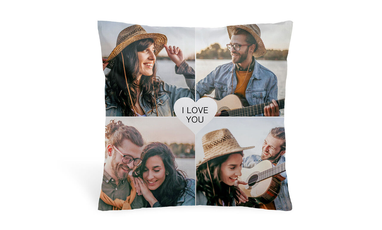 Cushion with four photos of happy couples, text 'I LOVE YOU'