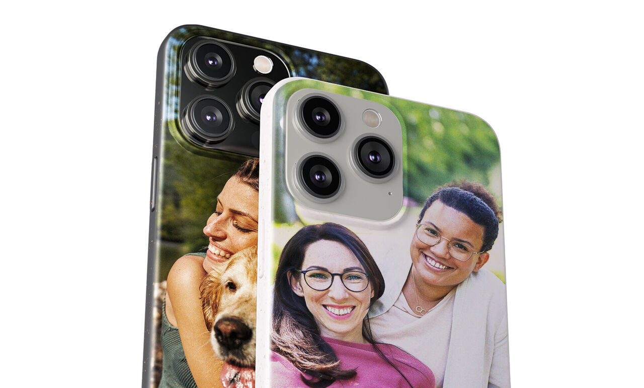 Two phones with photo covers showing happy moments with a dog and a couple.