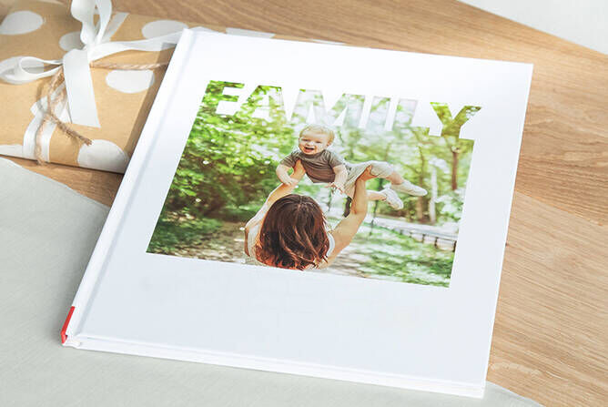 A mother lifts her baby into the air, amid bright sunshine in the green, with 'FAMILY' on the photo book.