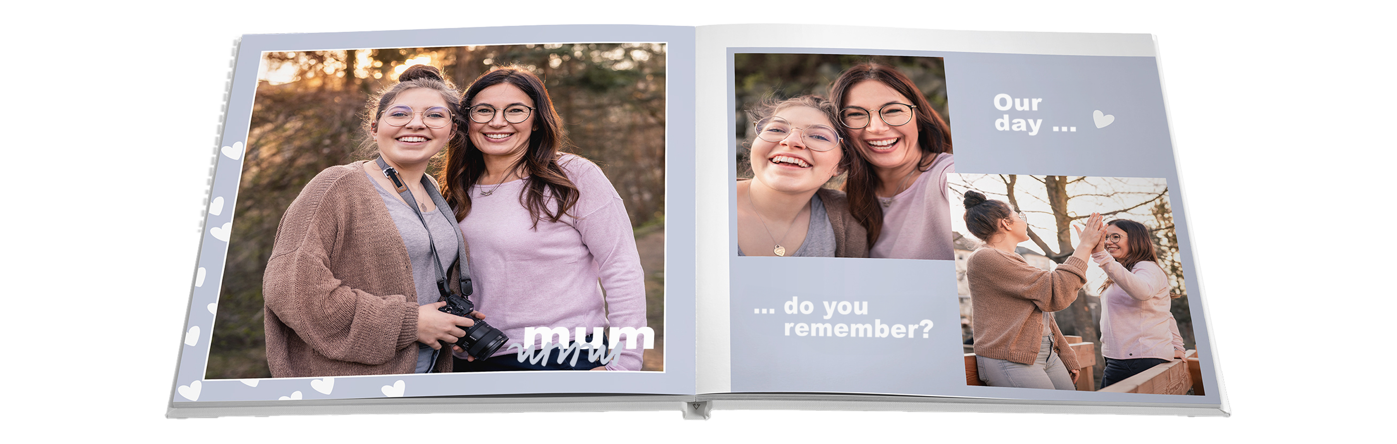 Two people flip through a CEWE photobook with memories of a special day. One page shows them laughing and sharing moments.