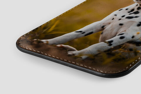 Close-up of a protective cover with Dalmatian design in warm colors.