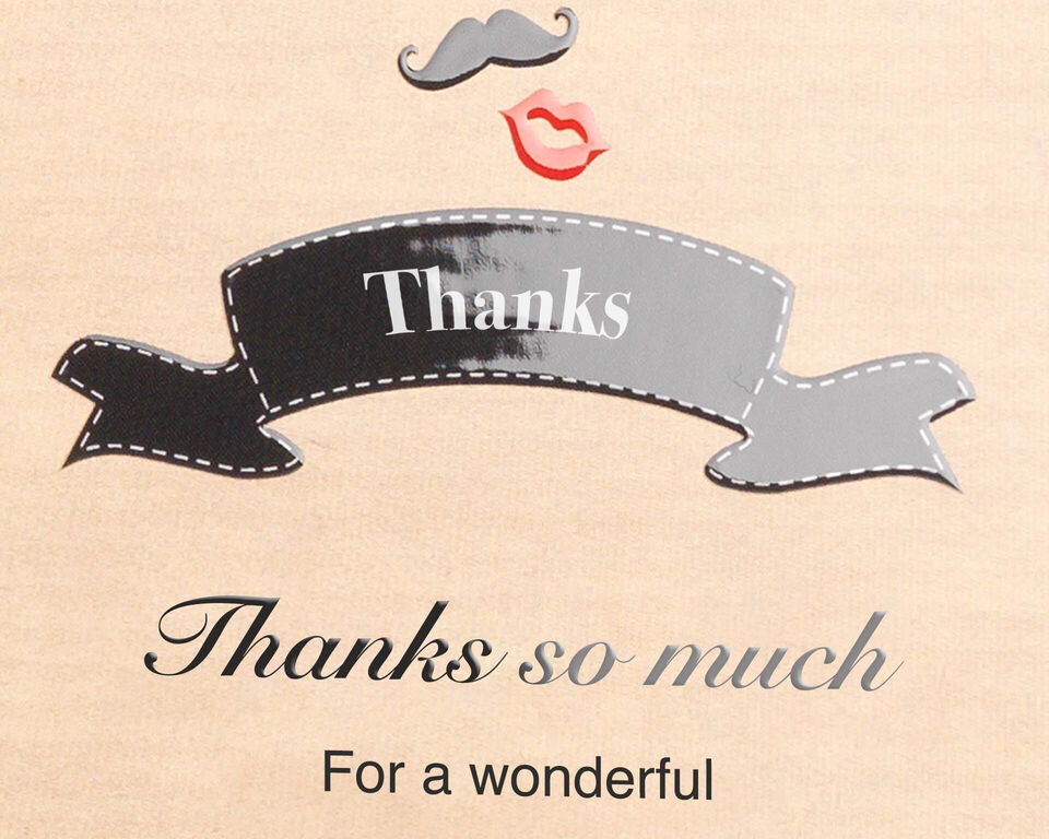 The image shows a heartfelt thank you message with a gray banner and a red lip mark. The lettering is creatively designed and radiates positive emotions.