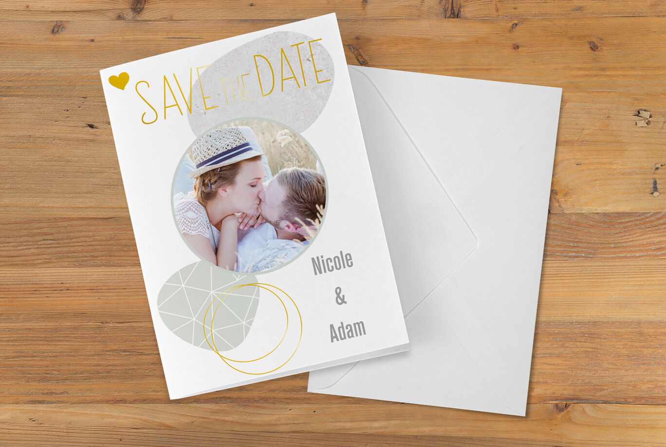A Save-the-Date announcement with a warm design containing a personal message from Nicole and Adam