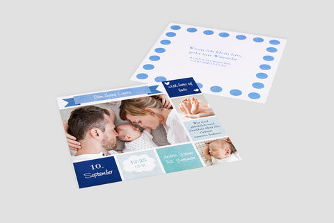A lovingly designed CEWE photo book showing the first moments of a baby, with happy parents and their child.