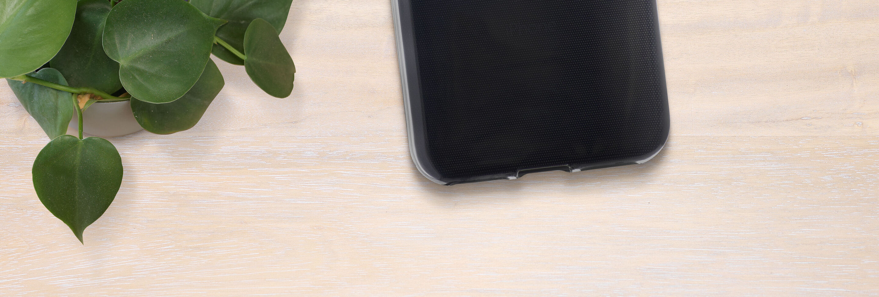 Black glossy smartphone on a light wooden table with a plant leaf in the background.
