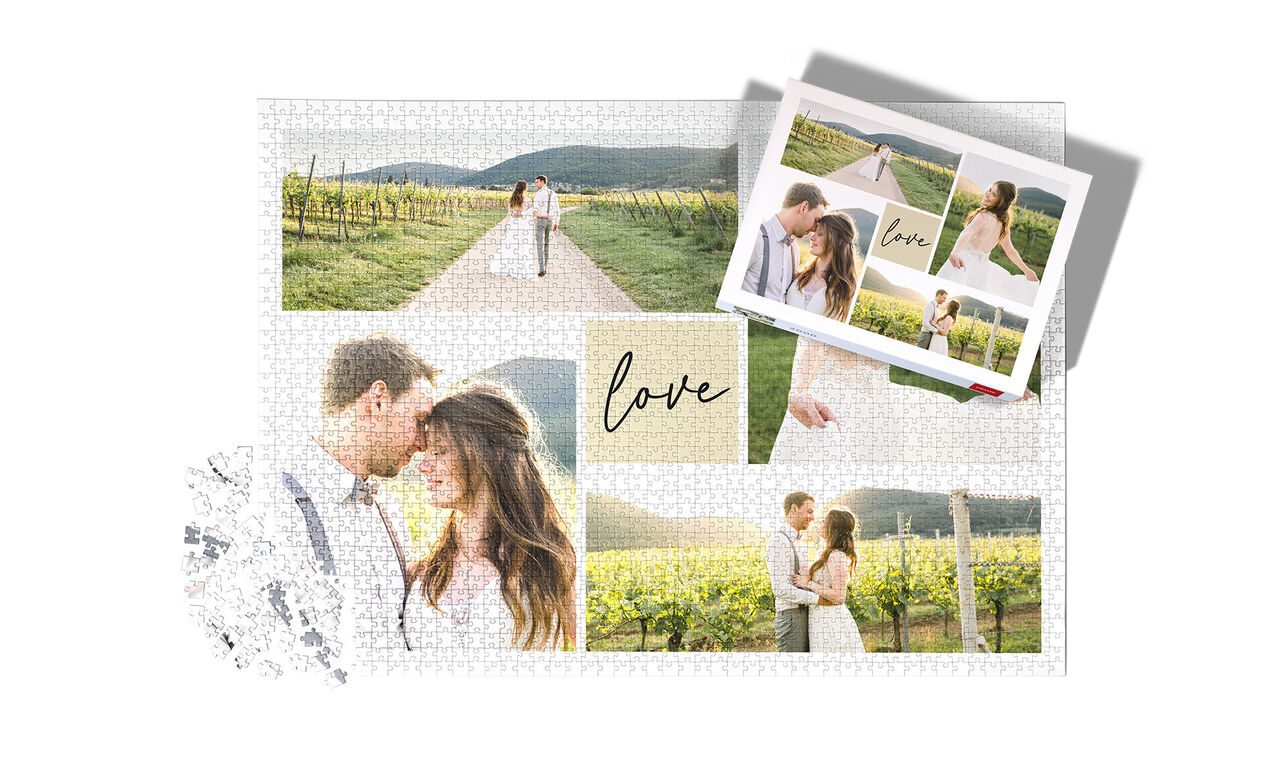 Romantic collage with couple in nature and the word 'love'.