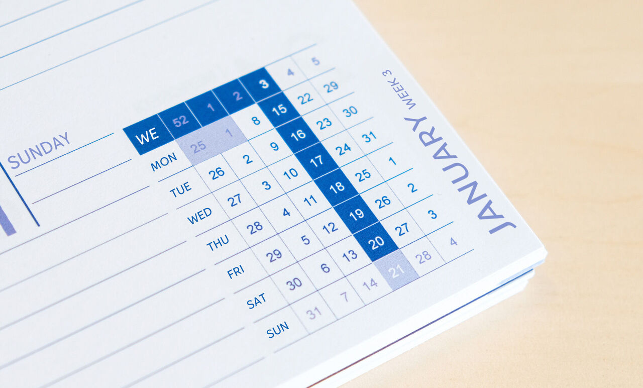 A calendar overview for January, with a weekly view and numbering.