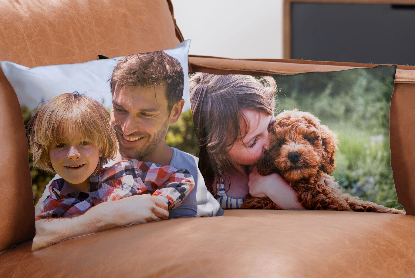Charming cushions with personal photos, a child embracing a dog.