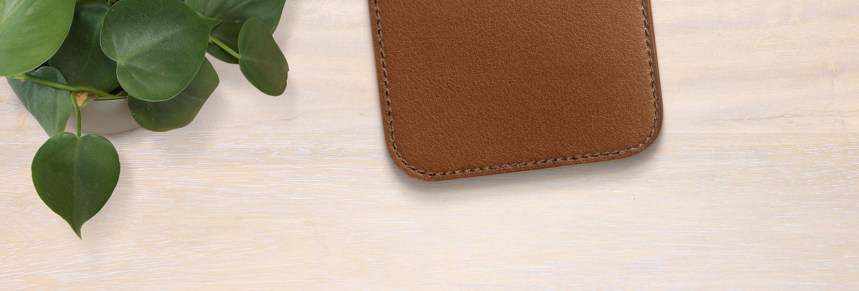 Brown leather mat on a light table, surrounded by plants.
