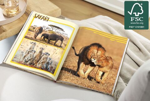CEWE PHOTO BOOK with safari themes, including elephants, meerkats, and lions in action.