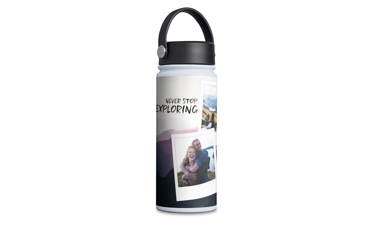A reusable water bottle with inspiring photos and the phrase 'Never Stop Exploring.'