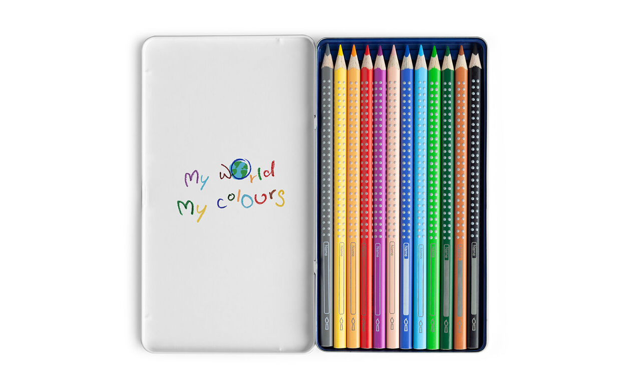 Colorful pencils in a transparent box with 'My World My Colours' written on it.