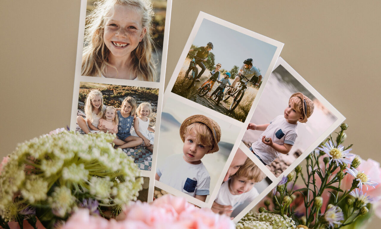 A lovely arrangement of photos that show funny moments, surrounded by colorful flowers.