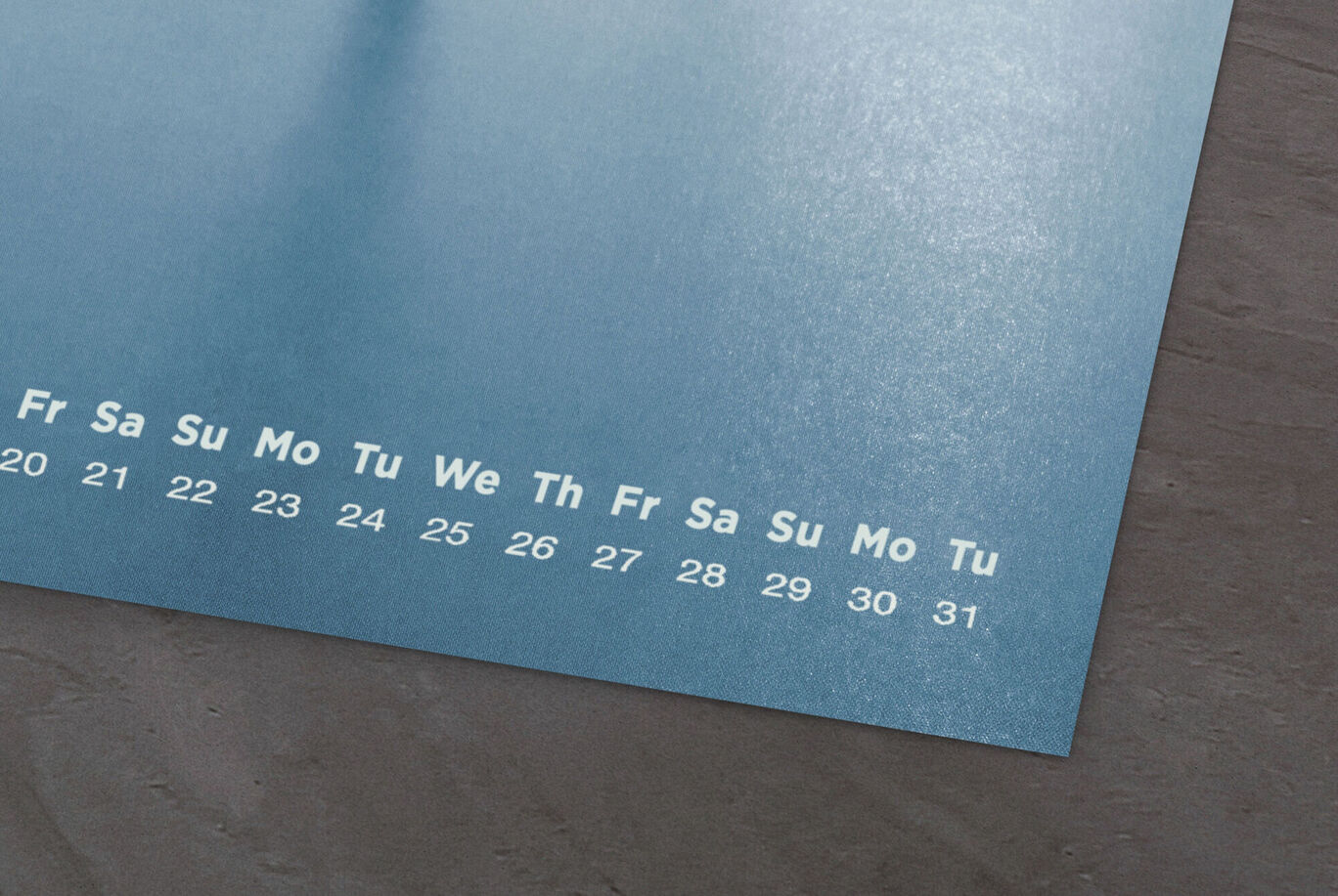 Blue calendar motif with date indications for each day.