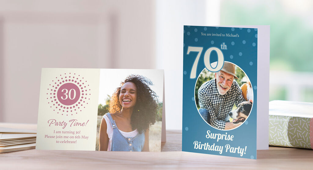 Two birthday greeting cards, one in bright colors with the number 30, and one in blue with the number 70 and the text 'Surprise Birthday Party'.