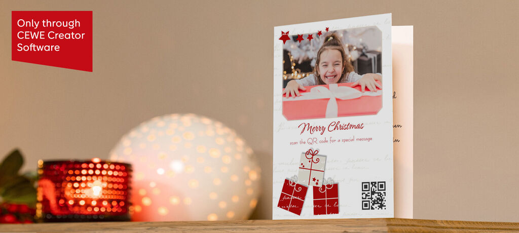 Merry Christmas card with gifts and decorations