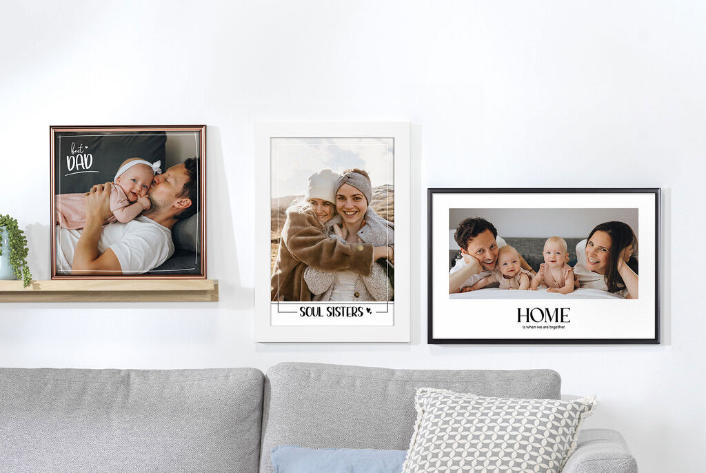 Picture frames with family photos in the living room, inspiring decor