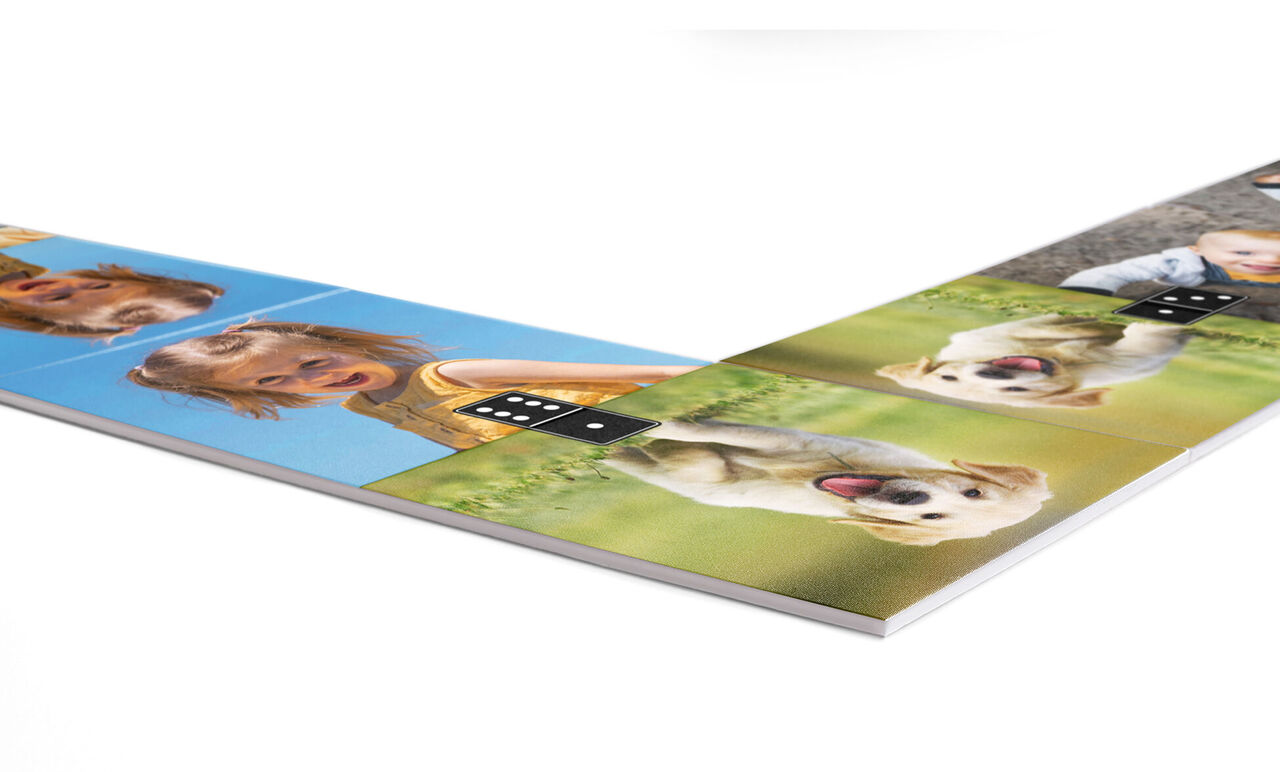 CEWE PHOTO BOOK with personal photos of children and a dog on a green meadow background.